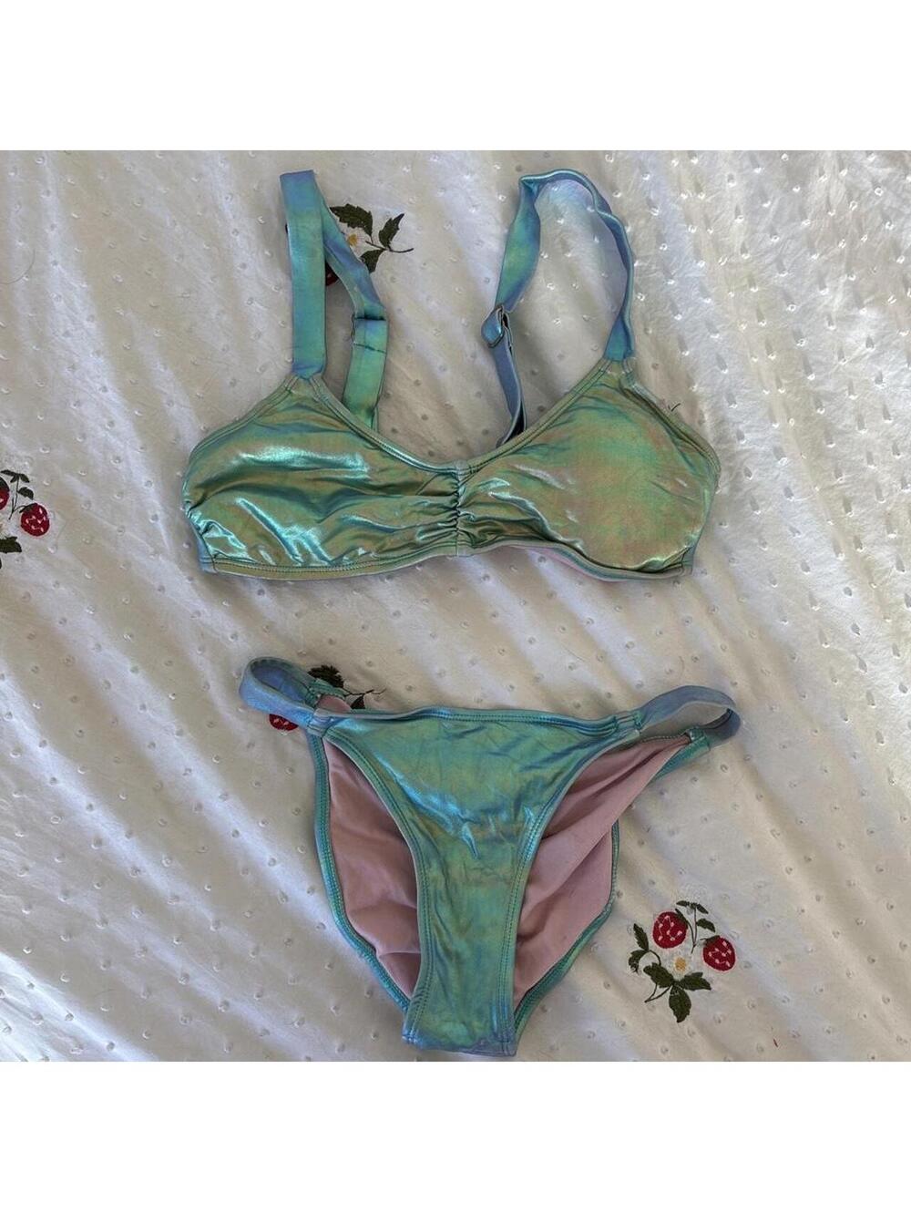 Y2K Xhilaration Iridescent Mermaid Bikini Set Aqua Metallic XS/S